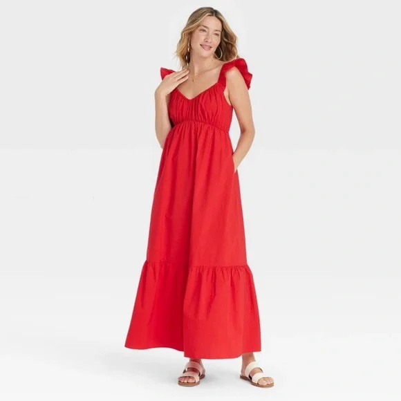 Flutter Cap Sleeve Maxi A-Line Dress - Universal Thread - Red, Small - Picture 2 of 3